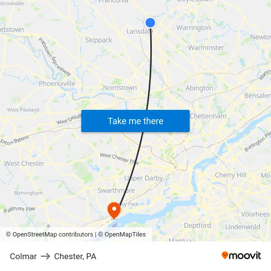 Colmar to Chester, PA map
