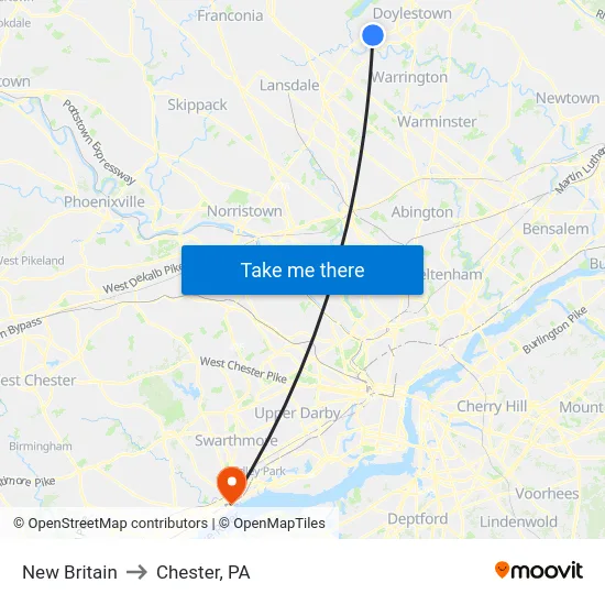 New Britain to Chester, PA map