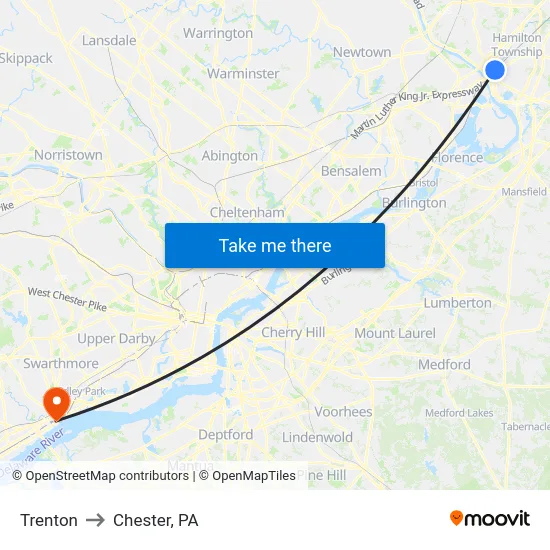 Trenton to Chester, PA map