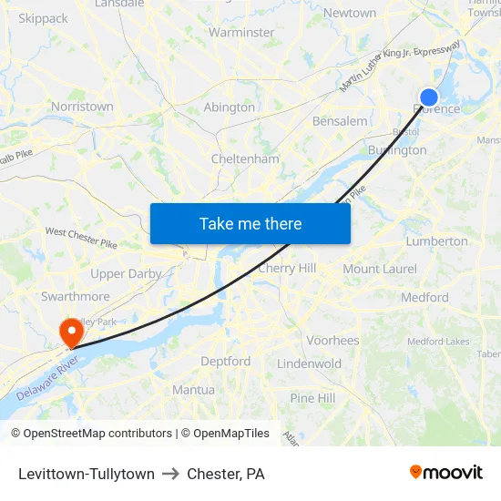 Levittown-Tullytown to Chester, PA map