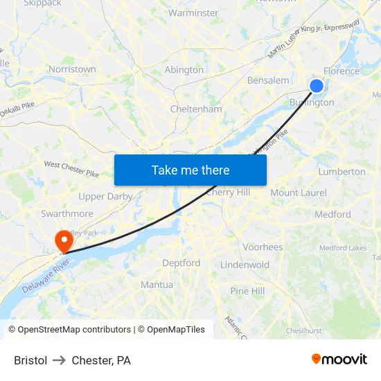 Bristol to Chester, PA map