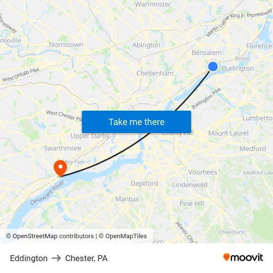 Eddington to Chester, PA map