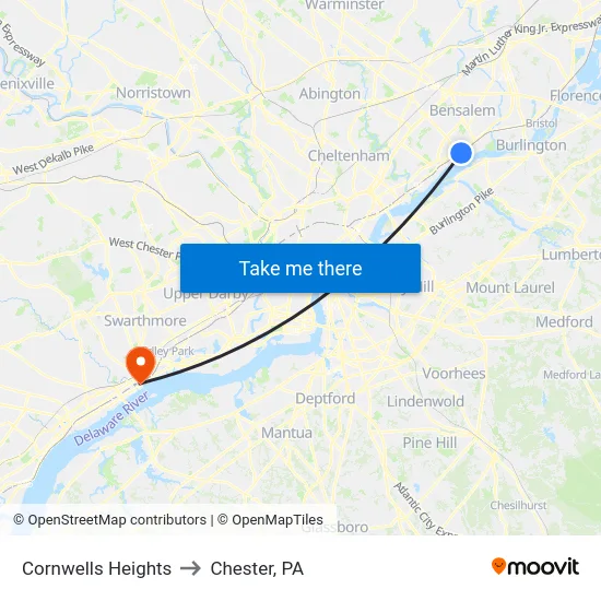 Cornwells Heights to Chester, PA map