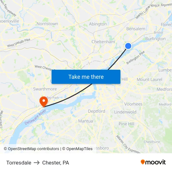 Torresdale to Chester, PA map