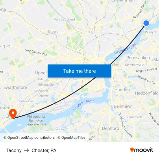 Tacony to Chester, PA map