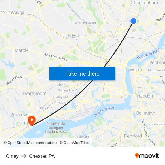 Olney to Chester, PA map