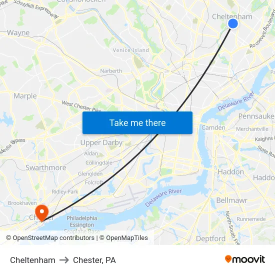 Cheltenham to Chester, PA map
