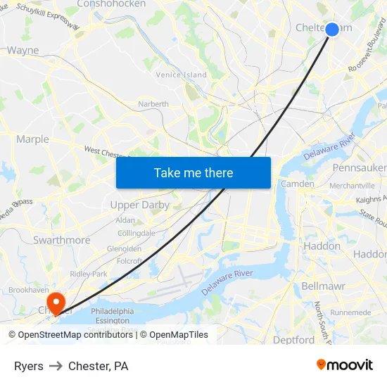 Ryers to Chester, PA map