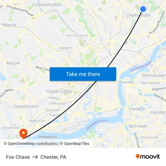 Fox Chase to Chester, PA map