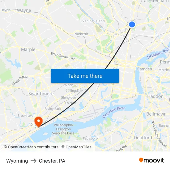 Wyoming to Chester, PA map
