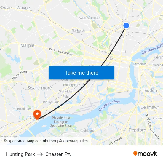Hunting Park to Chester, PA map