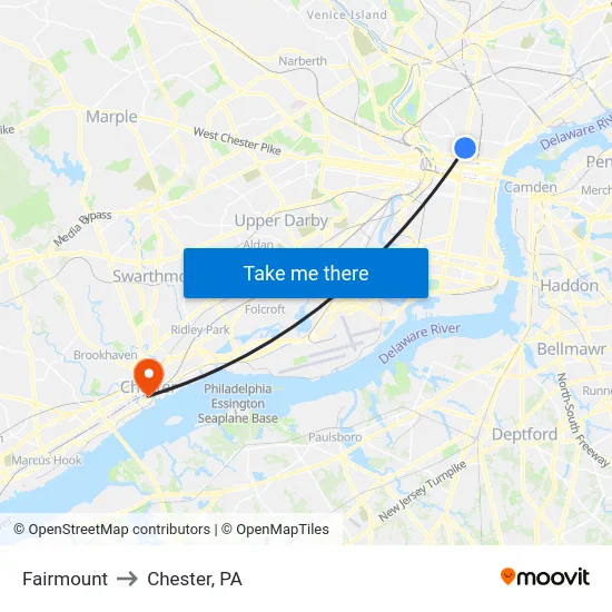 Fairmount to Chester, PA map