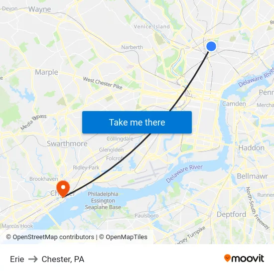 Erie to Chester, PA map