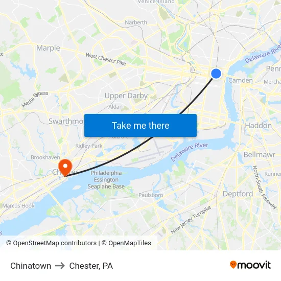 Chinatown to Chester, PA map