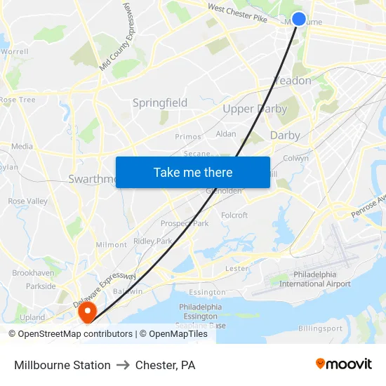 Millbourne Station to Chester, PA map