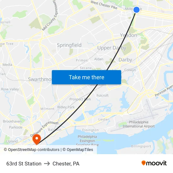 63rd St Station to Chester, PA map