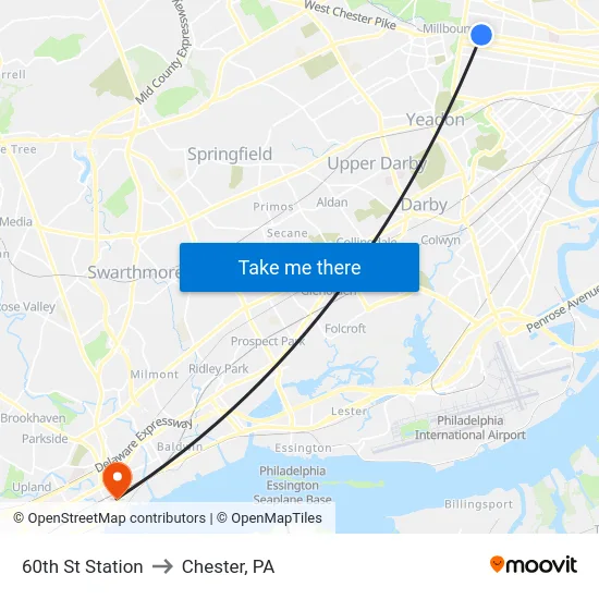 60th St Station to Chester, PA map