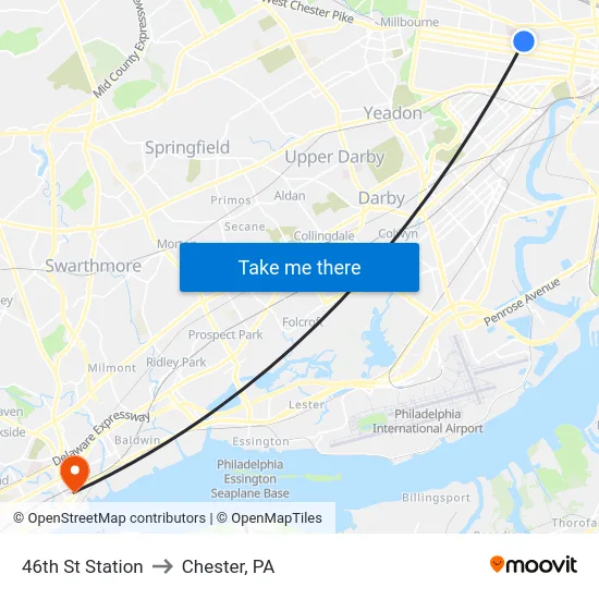 46th St Station to Chester, PA map