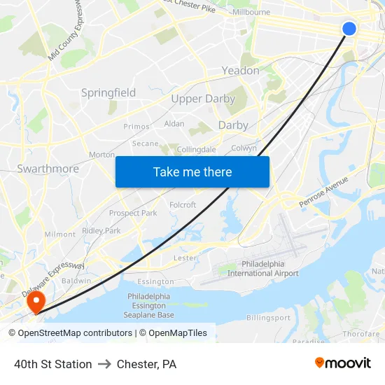 40th St Station to Chester, PA map