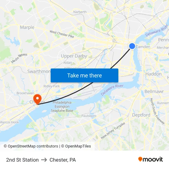 2nd St Station to Chester, PA map