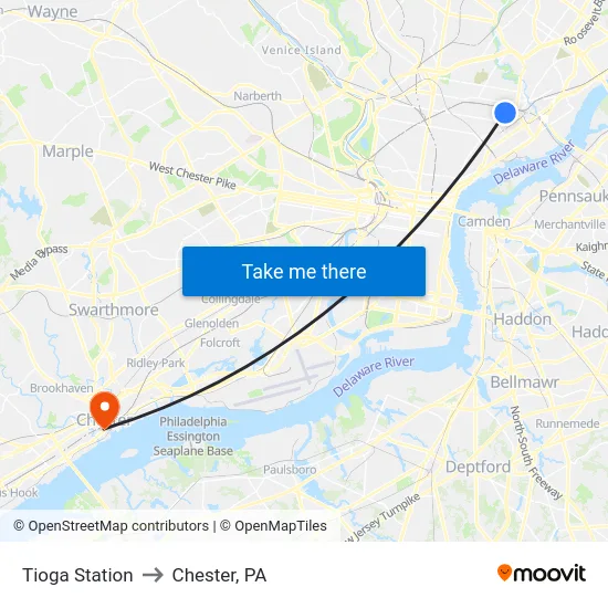Tioga Station to Chester, PA map