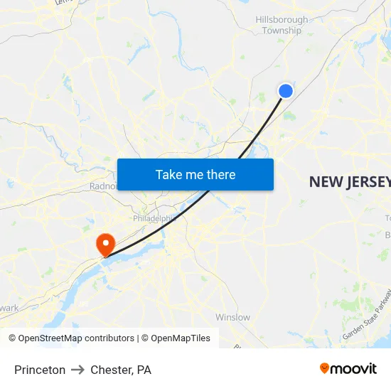 Princeton to Chester, PA map