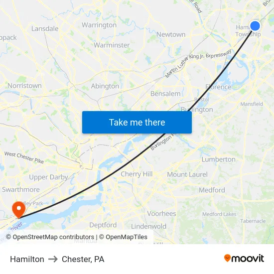 Hamilton to Chester, PA map