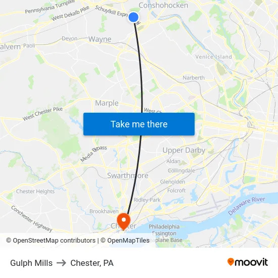 Gulph Mills to Chester, PA map