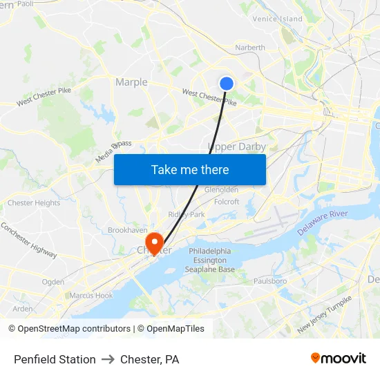 Penfield Station to Chester, PA map
