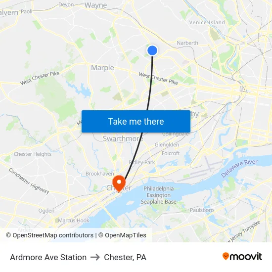 Ardmore Ave Station to Chester, PA map