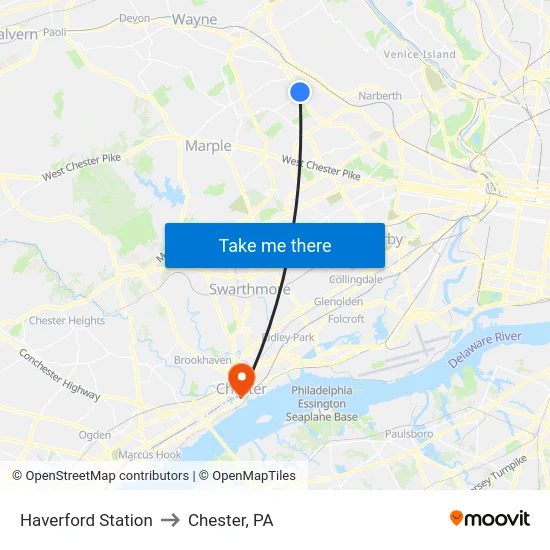 Haverford Station to Chester, PA map