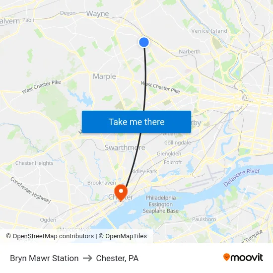 Bryn Mawr Station to Chester, PA map
