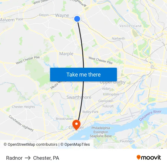 Radnor to Chester, PA map