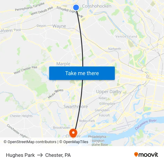 Hughes Park to Chester, PA map