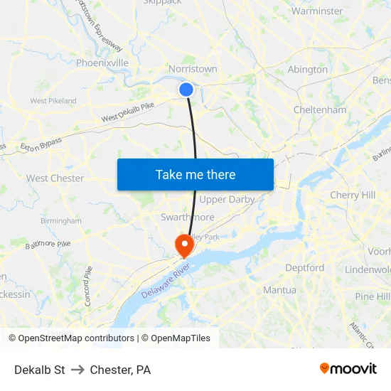 Dekalb St to Chester, PA map