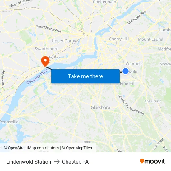 Lindenwold Station to Chester, PA map