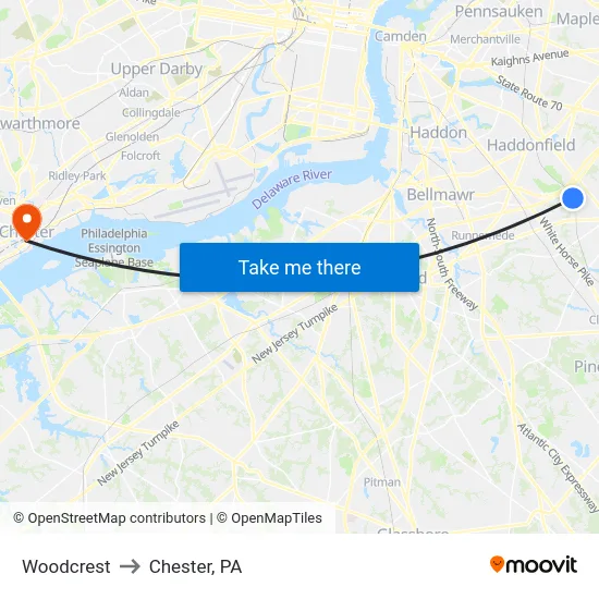 Woodcrest to Chester, PA map
