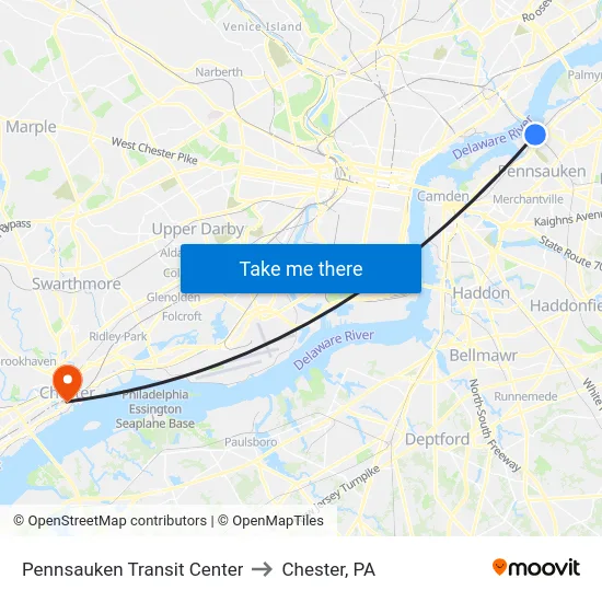 Pennsauken Transit Center to Chester, PA map