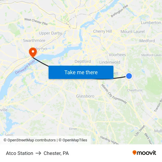Atco Station to Chester, PA map