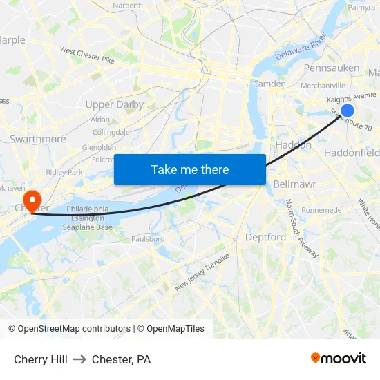 Cherry Hill to Chester, PA map