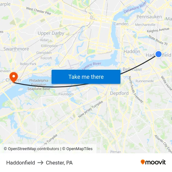 Haddonfield to Chester, PA map