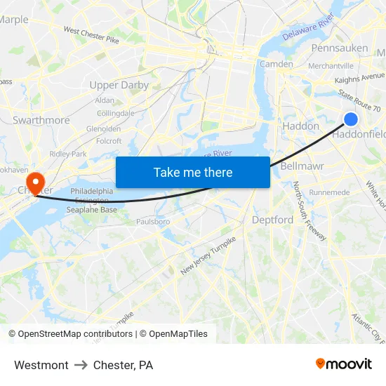 Westmont to Chester, PA map