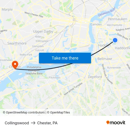 Collingswood to Chester, PA map