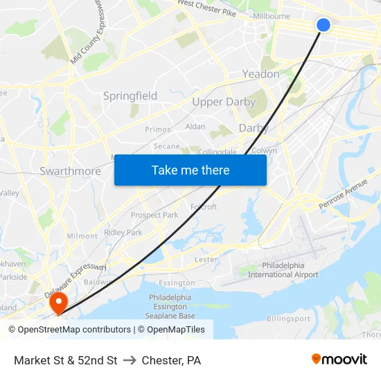 Market St & 52nd St to Chester, PA map