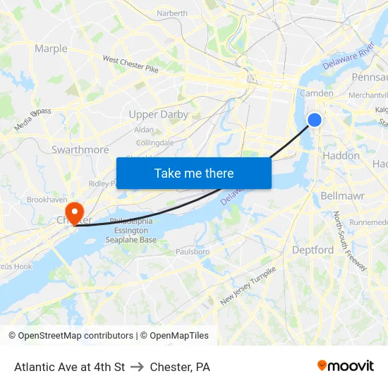 Atlantic Ave at 4th St to Chester, PA map
