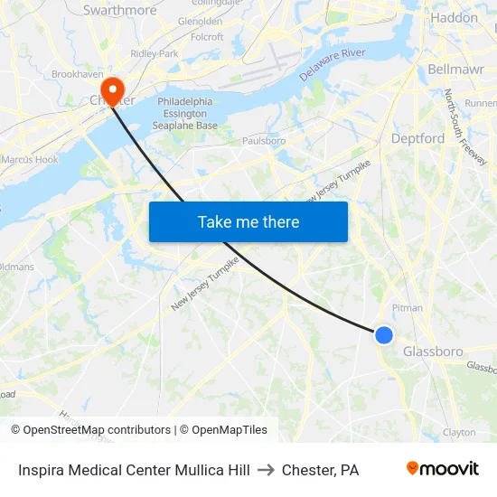 Inspira Medical Center Mullica Hill to Chester, PA map