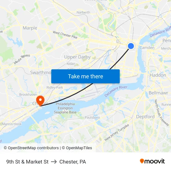 9th St & Market St to Chester, PA map