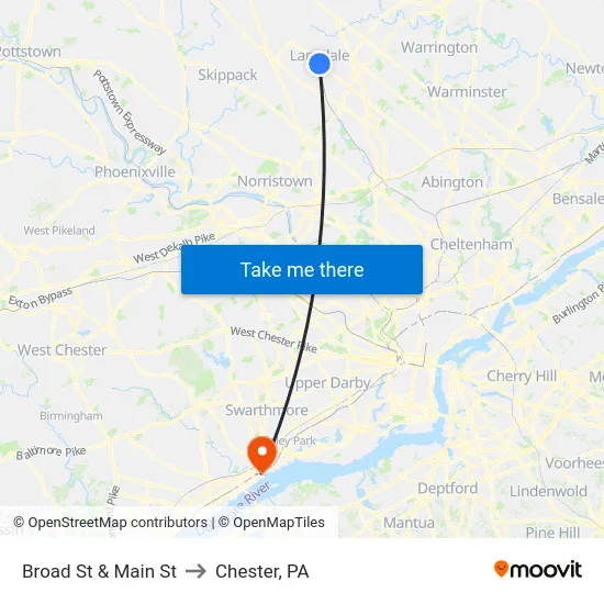 Broad St & Main St to Chester, PA map
