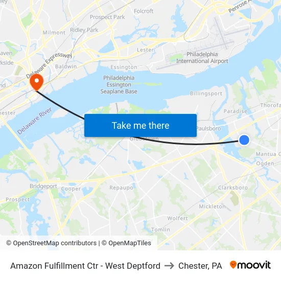 Amazon Fulfillment Ctr - West Deptford to Chester, PA map