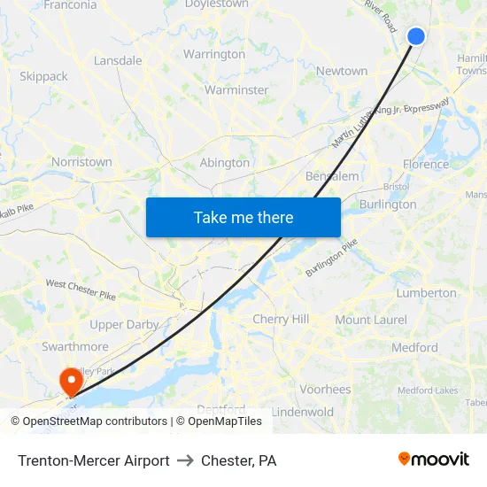 Trenton-Mercer Airport to Chester, PA map